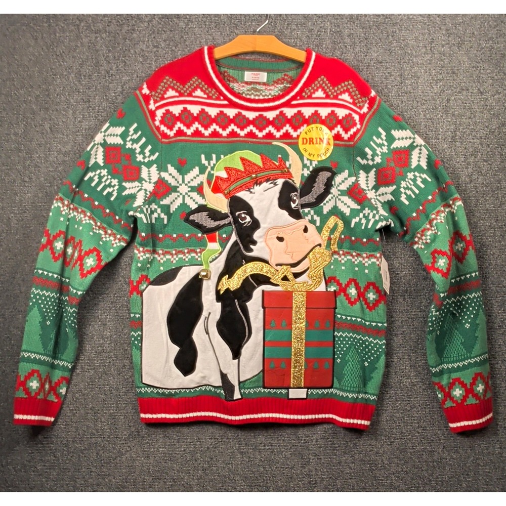 Holiday Time Unisex XL Christmas Fair Isle Cow Graphic Pullover Sweater